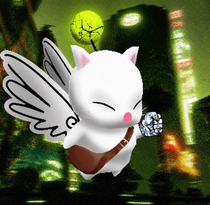 A cute white winged cat character with a cracked yellow orb on its head and a brown satchel holds a shiny gem, set against a green pixelated cityscape with neon "HAILE" signage. The image serves as fantasy artwork to promote the user's secured giveaway spots for the @KupoNFTs collection.