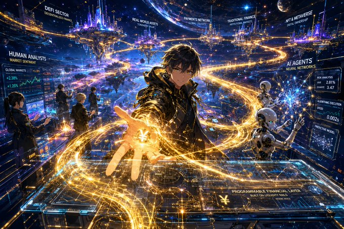 The image shows a futuristic cityscape with people walking around and interacting with various elements of the scene. The main focus is on a person holding out their hand towards a glowing yellow object, which appears to be a symbol or representation of the financial layer of tomorrow. This central figure seems to be in control of this symbolic "infrastructure" that connects different aspects of the city's economy and society. The image also includes text that reads: "The financial layer of tomorrow isn' t built on isolated islands. It's built on rails. @Yellow is laying down the infrastructure that unites liquidity, chains, and ecosystems into a single, fluid network. Seamless value transfer: No friction, just pure efficiency."