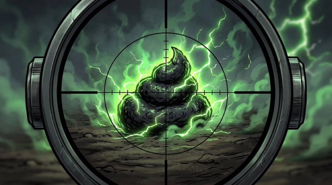 A sniper scope crosshair view aimed at a cartoon poop emoji surrounded by green lightning and glowing energy in a dark, cracked landscape.
