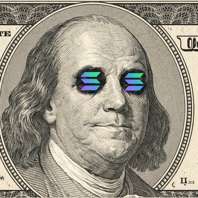 A close-up of Benjamin Franklin from a $100 bill with Solana (SOL) logos edited over his eyes, symbolizing crypto windfall claims. The image relates to the post's promise of $620 in SOL, using the iconic "money eyes" meme to imply a lucrative giveaway, though such posts are typically scams soliciting wallet addresses.