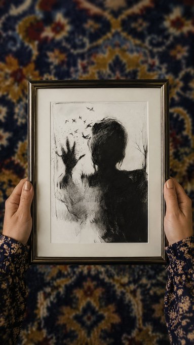The image shows a person holding up a black and white drawing or painting, which appears to be a portrait of a man with birds flying around him. The person's hands are positioned over the artwork, emphasizing its importance. The background features a rug that adds depth to the scene. The caption at the bottom of the image reads "Good morning Nft fam SOLD Thank you @TheTezos I am so happy is part of your awesome collection".