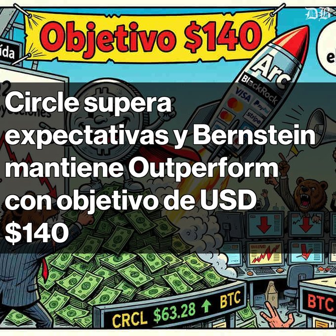 Crypto-themed graphic in Spanish announcing 'Objetivo $140' with news that Circle exceeds expectations and Bernstein maintains Outperform rating with $140 target, featuring Bitcoin and rocket imagery.