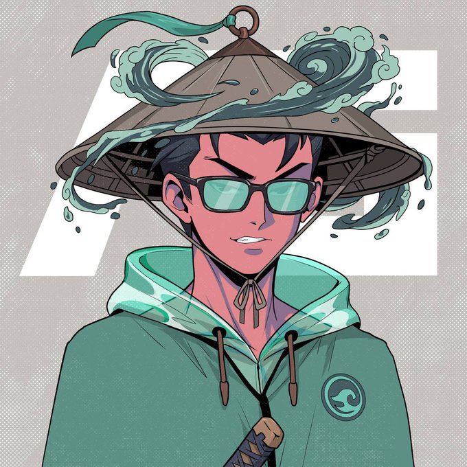 An anime-style illustration of a character wearing a conical hat with swirling water effects, sunglasses, and a green hoodie.