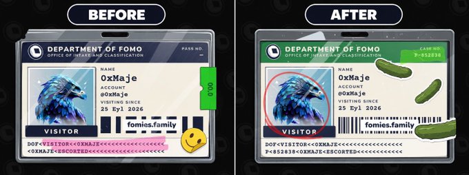 A before-and-after comparison of a 'Department of FOMO' ID badge for 'OxMaje', showing the 'after' version with pickles and a red circle highlighting the character avatar.