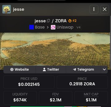 A cryptocurrency trading chart displays token information for "jesse" on Base network via Uniswap V4, showing a price of $0.002145 USD (0.2918 ZORA), FDV of $2.1M, and market cap of $1.1M. The image directly visualizes the $JESSE token discussed in the post, where the author expresses hesitation about buying despite its potential, citing concerns that the Base network founder already has an official token being shilled by promotional accounts.
