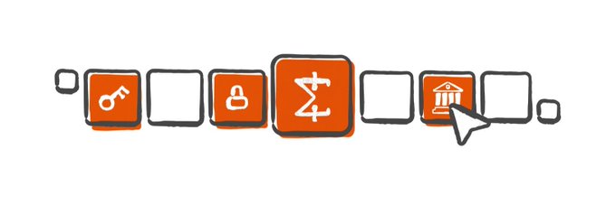 An illustration of a toolbar or menu with orange and white square icons, including symbols for a key, lock, and a Greek sigma (Σ), with a mouse cursor clicking on a building icon.