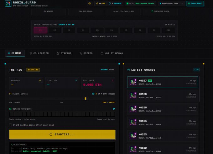 A screenshot of the Robinhood Chain NFT collection page for 'ROBIN_GUARD', showing mining interface with a current mint price of 0.002 ETH.