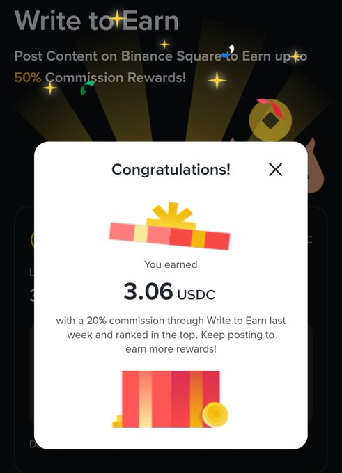 A 'Write to Earn' Binance Square notification shows a 'Congratulations!' pop-up for earning 3.06 USDC with a 20% commission.