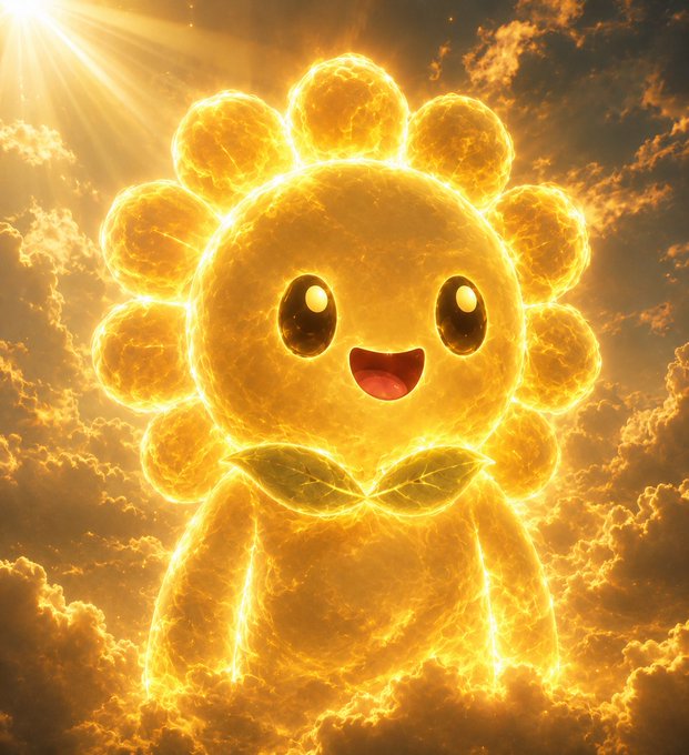 A glowing, sun-like sunflower mascot with a happy smile floats among golden clouds, embodying the wholesome "go outside" spirit of the $TOUCHGRASS meme and its call to ditch Wi-Fi for some real fresh air.