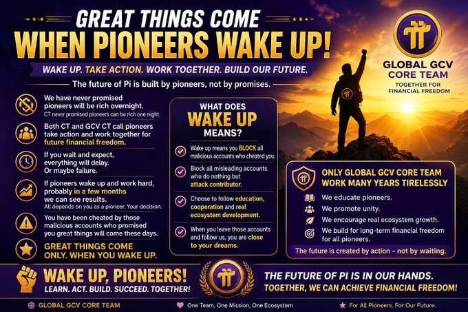 A purple promotional graphic for 'Global GCV Core Team' with the headline 'GREAT THINGS COME WHEN PIONEERS WAKE UP!' and slogans about Pi cryptocurrency and financial freedom.