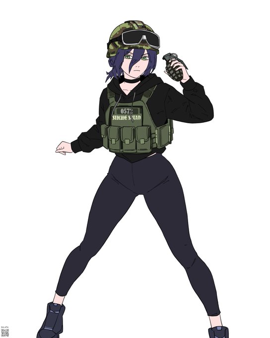 An anime-style tactical character holds a grenade while wearing a helmet and body armor labeled “SUICIDE SWAT” and “057.” The image humorously echoes the post about Pendle escalating from splitting “PTs and YTs” to “Atoms,” framing them as a heavily armed combatant.