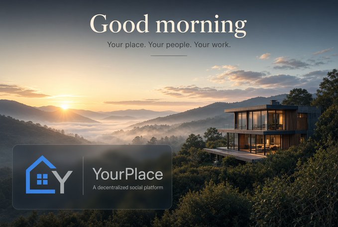 A 'Good morning - Your place. Your people. Your work.' promotional banner for 'YourPlace', a decentralized social platform, set against a scenic sunrise over mountains with a modern glass house.