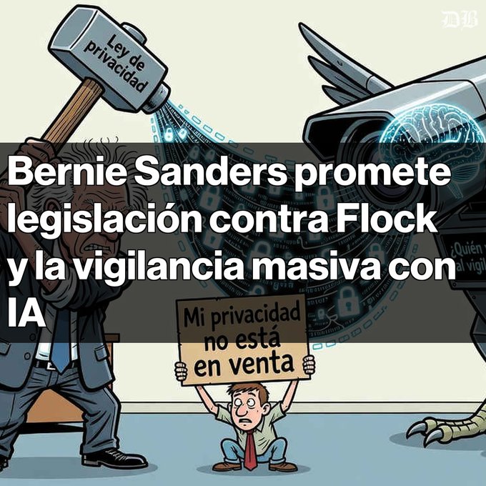 A political cartoon showing Bernie Sanders wielding a 'Ley de privacidad' (privacy law) hammer against an AI surveillance camera, while a small man holds a sign reading 'Mi privacidad no está en venta'. Overlay text reads: 'Bernie Sanders promete legislación contra Flock y la vigilancia masiva con IA'.