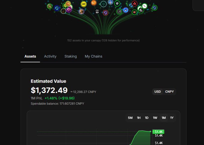 A cryptocurrency portfolio screenshot showing 152 assets with an estimated value of $1,372.49 (~12,298.27 CNPY), featuring various coin logos at the top.