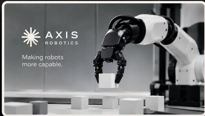 Axis Robotics promotional image featuring a robotic arm gripping a cube, with the tagline "Making robots more capable."