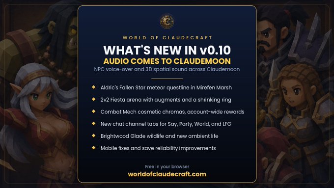 A screenshot of a poster for a video game called World of Cluescraft, featuring a character named Gwen from the video game. The poster includes text about an upcoming audio feature coming soon, which is set to revolutionize gameplay with its immersive sound quality. The game also introduces new characters like a powerful elf and a wise wizard. The description suggests that the improved audio will enhance the overall gaming experience for players.