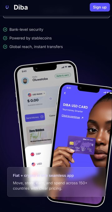 A promotional advertisement for the 'Diba' app, a stablecoin-powered mobile banking service offering bank-level security, global instant transfers, and a USD card feature.