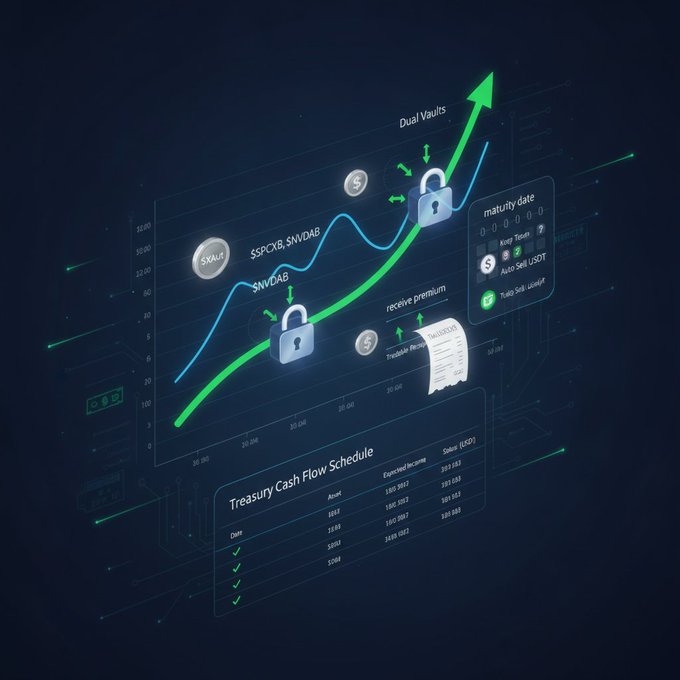 A financial dashboard graphic shows an upward green arrow, a 'Dual Vaults' chart with padlocks, and a 'Treasury Cash Flow Schedule' table.