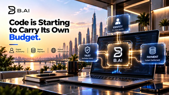 A promotional banner for B.AI reading "Code is Starting to Carry Its Own Budget," highlighting Digital Autonomy, Native Payment, and Global Infrastructure features around a laptop displaying the B.AI logo, set against a Dubai skyline at sunset.