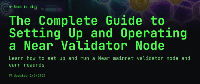The image features a green banner with white text that reads "The Complete Guide to Setting Up Up and Operating a NEAR validator Node" written by @metatarzxyz. The image also includes a link to a blog post titled "How to run a NEAR mainnet validator, support the network, and earn rewards".