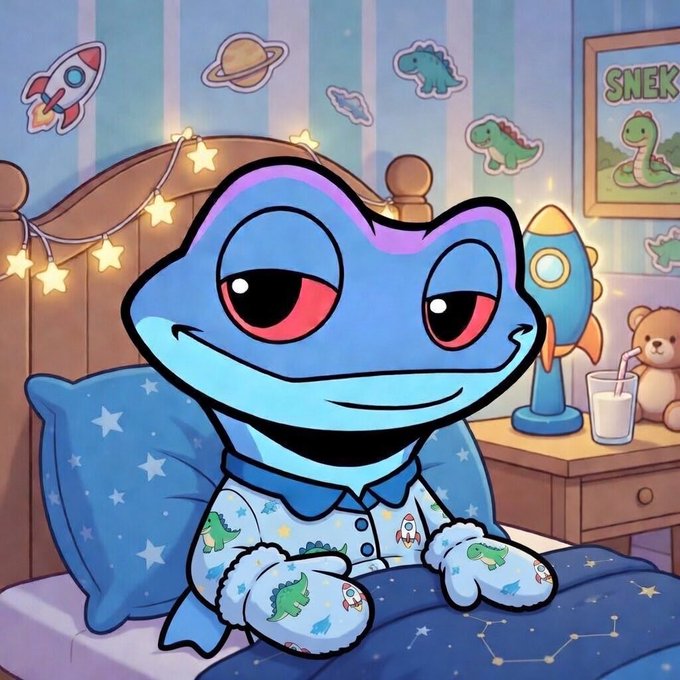 A colorful cartoon illustration of a blue frog-like character wearing dinosaur-patterned pajamas, sitting in a cozy bedroom decorated with star lights and wall stickers of planets, rockets, and dinosaurs.