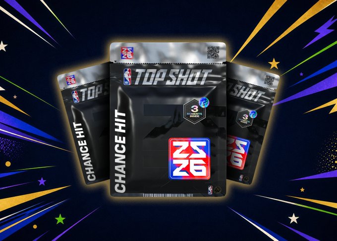 Three NBA Top Shot "Chance Hit" packs from the 2025-26 Anthology Edition are displayed against a dynamic background of colorful star bursts, with the central pack prominently showing the "Top Shot," "Chance Hit," and "25/26" branding. The packs correspond to the promotional post featuring rare Moments from top players like LeBron James, Magic Johnson, Steph Curry, and Larry Bird across all Run It Back series.