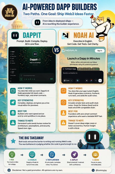 An infographic comparing two AI-powered dApp builders, "DAPPIT" and "NOAH AI," detailing their features, strengths, and use cases for Web3 development.