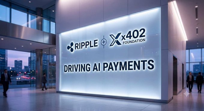 A large illuminated lobby sign displaying the logos of Ripple and X402 Foundation with the tagline 'DRIVING AI PAYMENTS'.