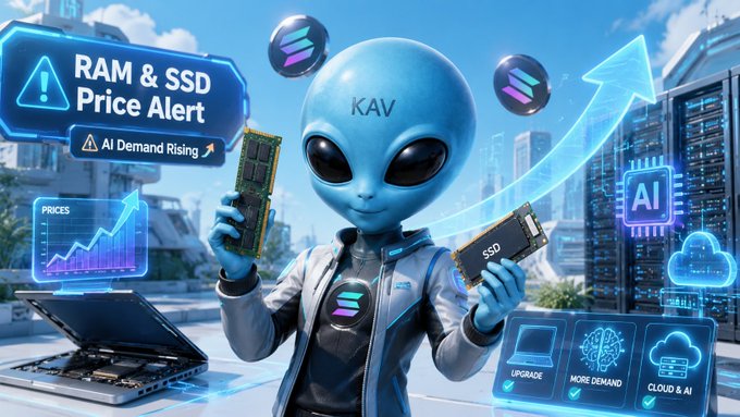 A futuristic blue alien character labeled 'KAV' holding RAM and SSD components, with text reading 'RAM & SSD Price Alert' and 'AI Demand Rising' alongside a rising price graph.