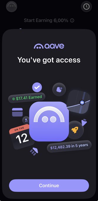A mobile screenshot showing a notification pop-up from Aave that reads "You've got access," featuring an icon with a yield chart, "$17.41 Earned," a "12" ON-THE tag, and a projection of "$12,482.39 in 5 years." The image relates to the post by illustrating user-level earning features of Aave, highlighting the protocol's yield-earning capabilities that could support bullish sentiment referenced in the tweet about Aave's recent price action.