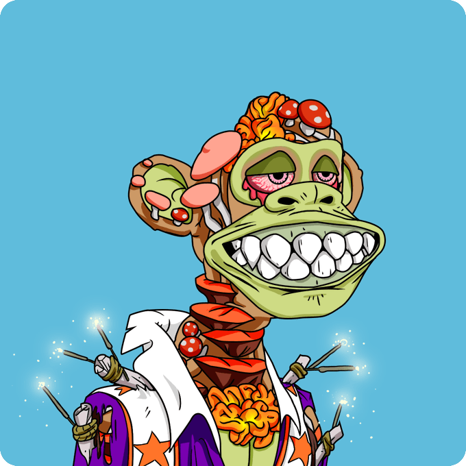 A cartoonish green ape-like mutant character with exposed brain matter, mushrooms growing from its head, and a wide grinning mouth full of teeth is depicted wearing a star-patterned jacket with sparklers attached, set against a blue background—visually matching the NFT collectible "Mutant #6800" referenced in the post.
