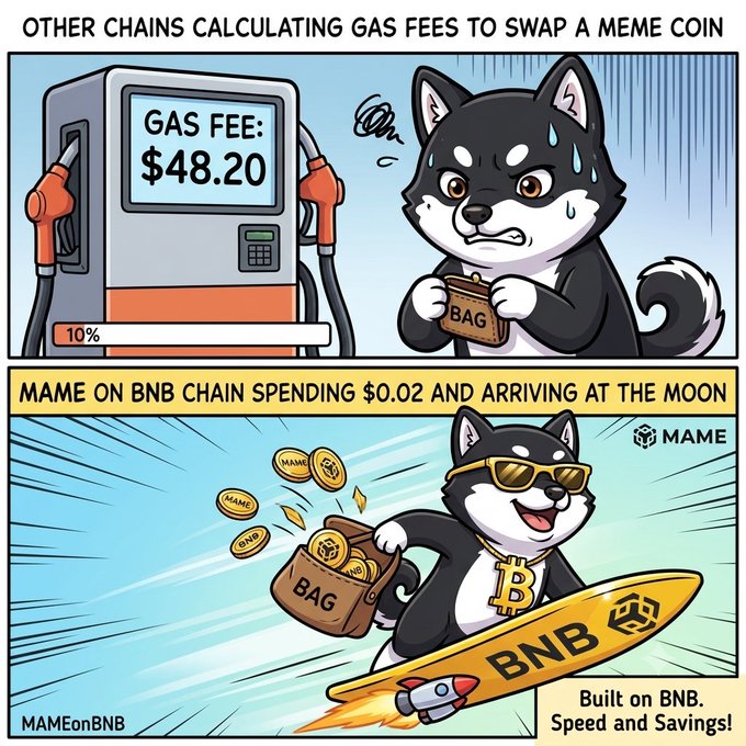 Two-panel meme comparing gas fees: top panel shows a distressed husky at a gas pump displaying 'GAS FEE: $48.20' captioned 'OTHER CHAINS CALCULATING GAS FEES TO SWAP A MEME COIN'; bottom panel shows the husky surfing on a BNB rocket with money bags captioned 'MAME ON BNB CHAIN SPENDING $0.02 AND ARRIVING AT THE MOON'.