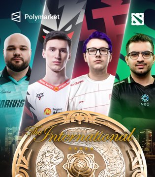 The image is a promotional graphic for The International 2026 Dota 2 tournament, featuring four players representing different teams (indicated by the green, red/white, and dark jerseys), with the iconic Aegis of Champions trophy displayed at the bottom and the Polymarket logo in the top corner. This visually supports the post's discussion of Polymarket betting odds for the competing teams, including Team Vision, Team Yandex, BoomBoys, Team Falcons, and Team Spirit, as TI 2026 is set to begin.