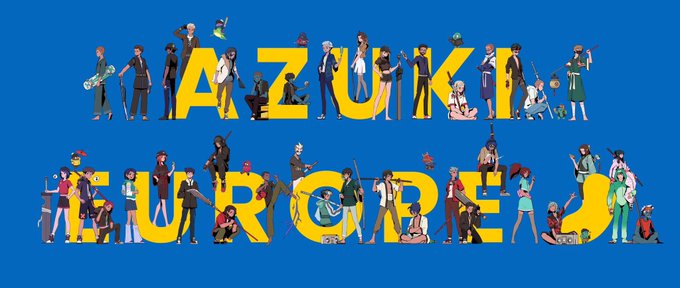 An illustration of diverse characters arranged around the large yellow text 'AZUKI' and 'EUROBEAT' on a blue background.