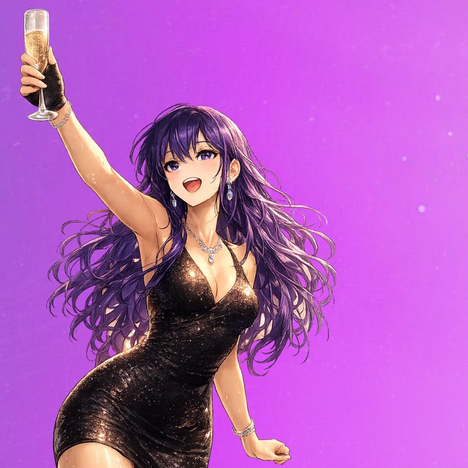 An anime-style illustration of a girl with long purple hair wearing a sparkling black dress, raising a champagne glass against a purple background.