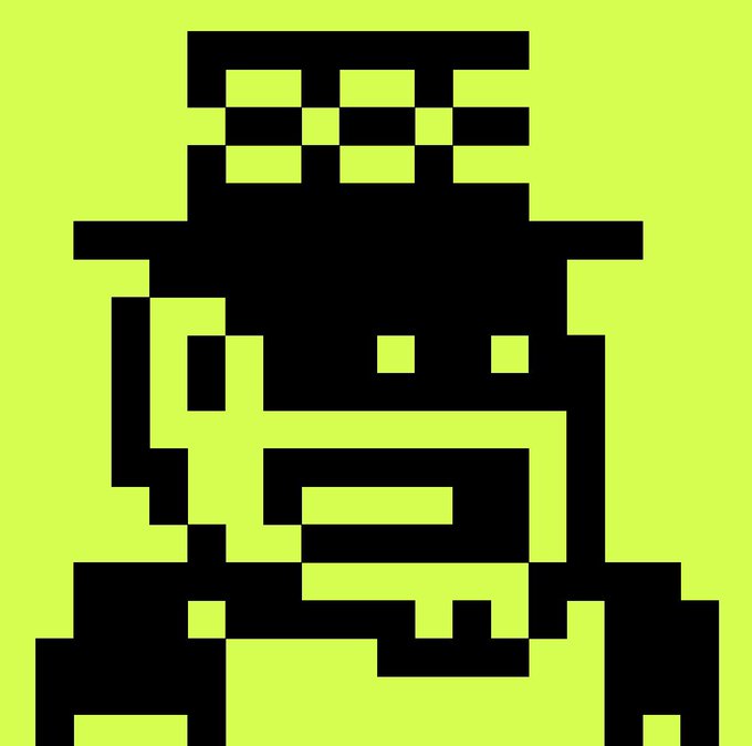 A minimalist pixel art character composed of black blocks on a chartreuse-green background, depicting a figure with a checkered top and what appears to be a mouth.