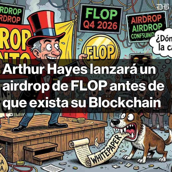 A cartoon illustration of a man in a top hat holding a 'FLOP' coin, with Spanish text overlay reading 'Arthur Hayes lanzará un airdrop de FLOP antes de que exista su Blockchain'.