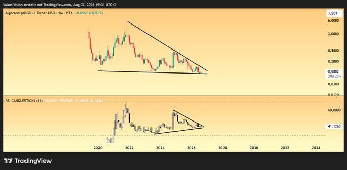 A TradingView chart displays the ALGO/USDT pair on Tether USD with a 1-month timeframe, showing a descending triangle pattern forming with the current price at 0.0833 USDT (down 0.52%) and an 8.52% monthly decline, paired with an RSI candlestick indicator at 41.1263 below, illustrating the bearish consolidation suggested by the "TIK TAK" reference to the ongoing price action.