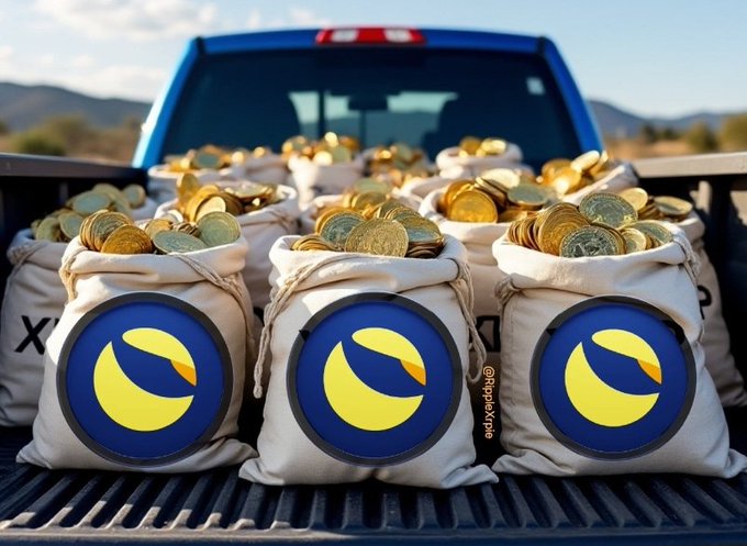 Burlap sacks overflowing with gold coins, marked with a blue and yellow crescent logo, fill the bed of a blue pickup truck parked in a desert landscape.