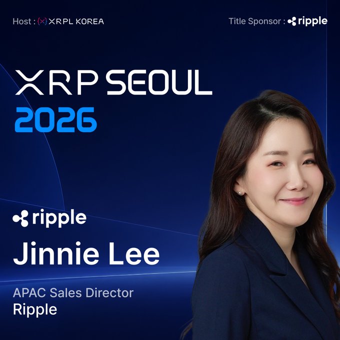 Promotional graphic for XRP SEOUL 2026 featuring Jinnie Lee, APAC Sales Director at Ripple, hosted by XRPL Korea with Ripple as title sponsor.