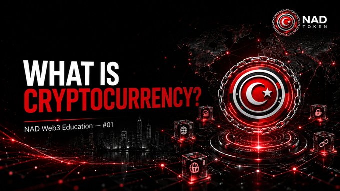 A promotional banner titled 'WHAT IS CRYPTOCURRENCY?' labeled 'NAD Web3 Education — #01' featuring the NAD Token logo and cryptocurrency imagery.