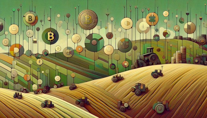 An artistic illustration shows tractors working through golden agricultural fields, with Bitcoin and cryptocurrency symbols rising from the landscape like crops, visually merging farming with finance. The "B" Bitcoin logos and various coin icons growing from the farmland tie into the post's "touch grass" message, suggesting farmers should tend their real fields before checking crypto charts.