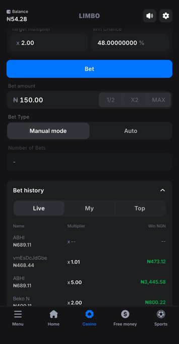A screenshot of a mobile betting app displaying the Limbo game interface, showing a balance of ₦54.28, a target multiplier of x2.00, a bet of ₦150.00, and a bet history with wins including ₦3,445.58 at x5.00. The image relates to the post by illustrating the Limbo game, one of two games on 1win that now offers provably fair verification.