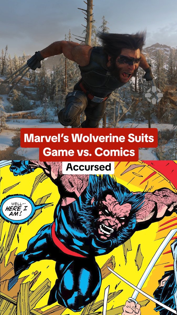 A comparison graphic titled 'Marvel's Wolverine Suits Game vs. Comics' shows a CGI render of the 'Accursed' skin above a classic comic panel of Wolverine lunging forward with claws extended.