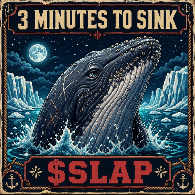 A stylized illustration of a whale breaching under a moonlit sky with the text '3 MINUTES TO SINK' at the top and '$SLAP' at the bottom.