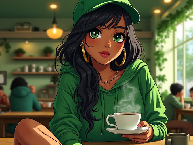 A young woman with long dark hair, wearing a green hoodie and matching cap, sits in a cozy café holding a steaming cup of coffee with a warm smile. The relaxed, cheerful scene complements the "Gm CT, Have a wonderful day" greeting, evoking a perfect start to the morning.