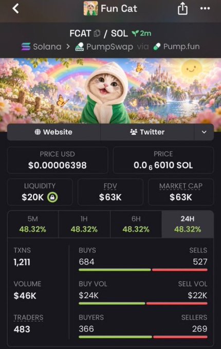 A screenshot of a crypto token page for 'Fun Cat' (FCAT/SOL) on Solana via PumpSwap, showing a price of $0.00006398, market cap of $63K, and various trading metrics over a 24-hour period.