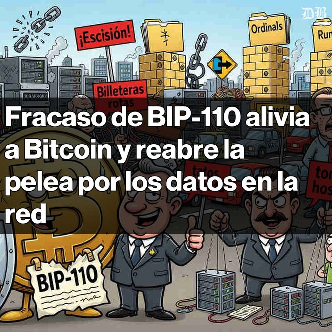 A cartoon-style illustration with the Spanish headline 'Fracaso de BIP-110 alivia a Bitcoin y reabre la pelea por los datos en la red', showing protesters holding signs like '¡Escisión!', 'Billeteras rotas', and 'BIP-110' amid Bitcoin-themed imagery and servers.