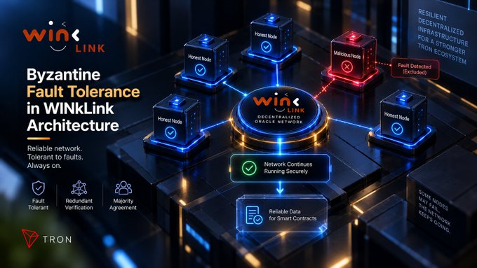 Promotional graphic for WINKLink architecture on TRON, illustrating Byzantine Fault Tolerance with a decentralized oracle network featuring honest and malicious nodes, highlighting fault detection and network resilience.