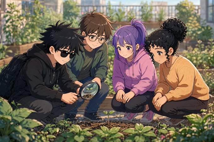 An anime-style illustration shows four young people crouching in a garden, examining a small plant through a magnifying glass.